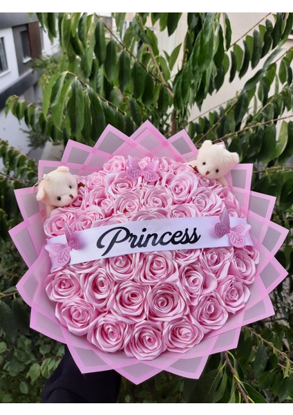 41 Li LED Işıklı Solmayan Gül Buketi Pembe Gül Dışı Pembe - Şerit Yazılı - Kelebekli - Ayıcıklı modelleri