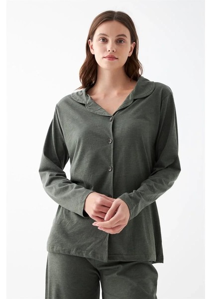 Kadın Haki Düğmeli Pamuklu Pijama Takımı fiyatları