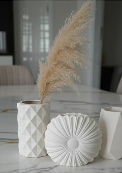 3'lü Vazo Seti, Pampas Vazosu, Dekoratif Ev Aksesuarı, Modern Beyaz Vazo SETI-11CM-EL Yapımı