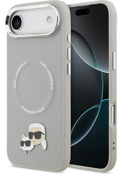 iPhone 17 Air Kılıf Karl Lagerfeld Lisanslı M-Safeli Metal Kamera ve Buton K&c Pu Deri Kapak Gri