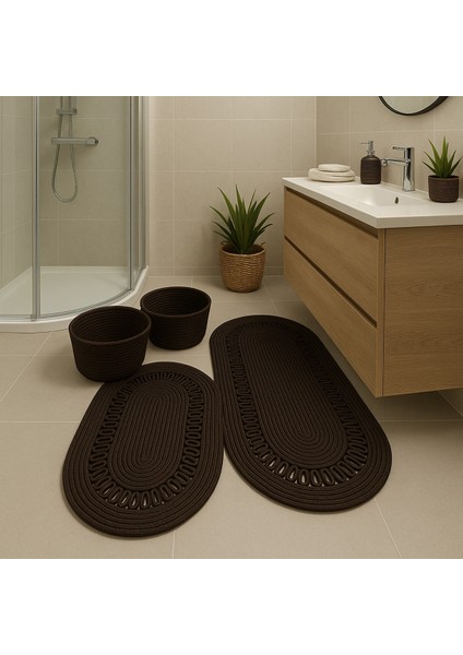 Terra 4’lü Banyo Seti – 2’li Oval Paspas & 2’li Oval Sepet, Doğal Halat Dokuma, El Yapımı - Premium