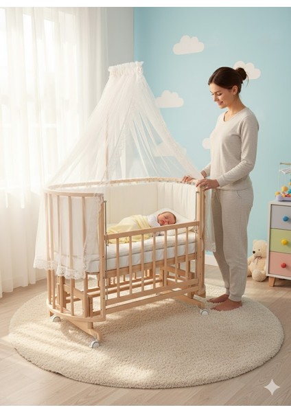 Papatya Oval 60X120 Anne Yanı Sallanır Beşik - Krem Güpür Uyku Seti + Yatak Dahil