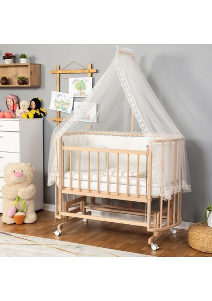Papatya Oval 60X120 Anne Yanı Sallanır Beşik - Krem Güpür Uyku Seti + Yatak Dahil fırsatları