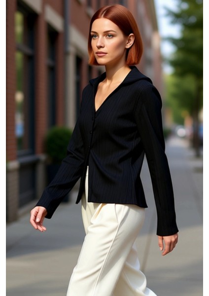 Kadın Piliseli Düğmeli Uzun Kollu Örme Gömlek Modern ve Rahat Bir Tarz Sunuyor Fonksiyonel