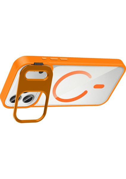 iPhone 17 Pro Max Kılıf Standlı ve Kamera Lens Hediyeli M-Safe Şarj Özellikli Zore Etro Kapak - Siya