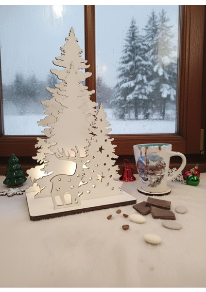 Xmas Süsleri Lamba Gece Geyik ve Ağaç Sahne Işığı Ahşap (Mumluk)