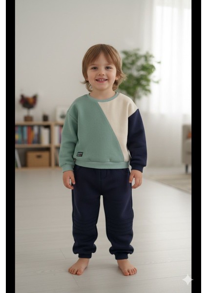 Renk Bloklu Erkek Çocuk Kalın Içi Polarlı Alt Üst Takım 9 Ay 4 Yaş Arası