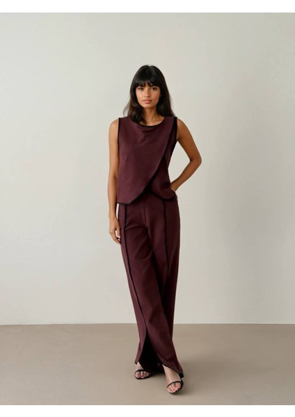 Kadın Kahverengi Çizgili Yırtmaçlı Pantolon - 10785