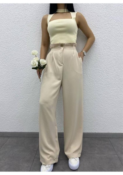 Kadın Bej Yüksek Bel Lastikli Geniş Paça Kumaş Pantolon - 10655