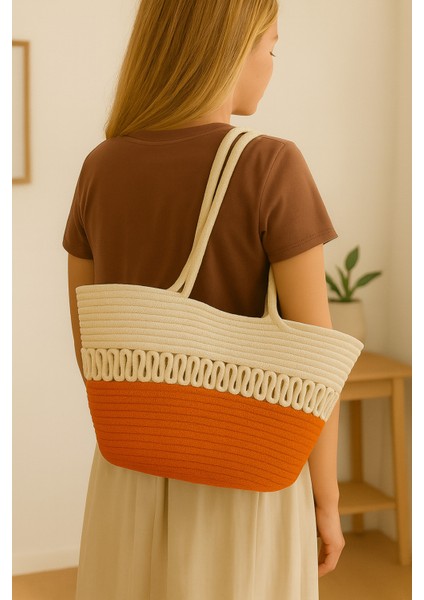 Halat Örgü Hasır Çevre Dostu Şık Çift Renkli Büyük Boy Plaj Çantası Kadın El ve Omuz Çantası