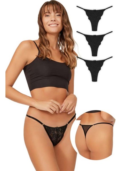 Önü Dantelli Tül Detaylı Kadın Tanga 3'lü Paket Külot - 2