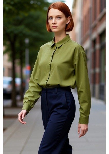 Kadın Oversize Kesim Düşük Kol Uzun Boy Düz Dokuma Gömlek Günlük Tamamlayan Bir Parça Spor