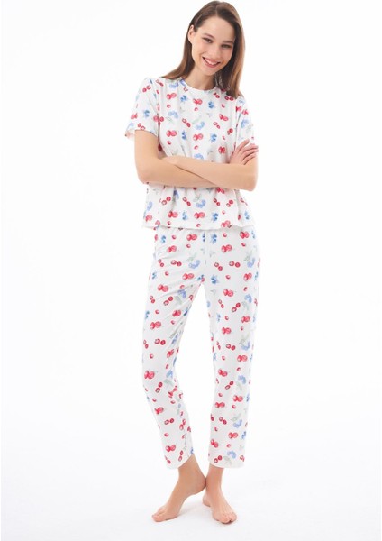 Premium Kadın Pijama Takımı Meyve Desenli Yumuşak Dokulu Kısa Kollu Bisiklet Yaka