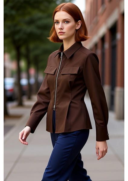 Gabardin Dokuma Fermuar Detaylı Kadın Gömleği Uzun Kollu Regular Kesim Şıklık ve Konfor Şık