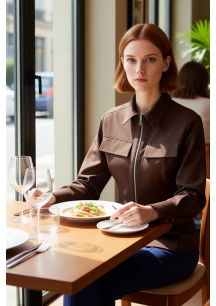 Gabardin Dokuma Fermuar Detaylı Kadın Gömleği Uzun Kollu Regular Kesim Şıklık ve Konfor Şık fiyatları