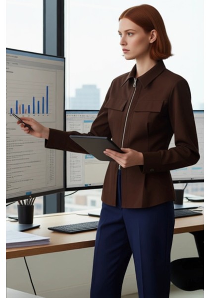 Gabardin Dokuma Fermuar Detaylı Kadın Gömleği Uzun Kollu Regular Kesim Şıklık ve Konfor Şık modelleri