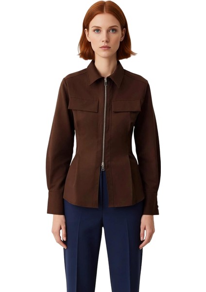Gabardin Dokuma Fermuar Detaylı Kadın Gömleği Uzun Kollu Regular Kesim Şıklık ve Konfor Şık fırsatları