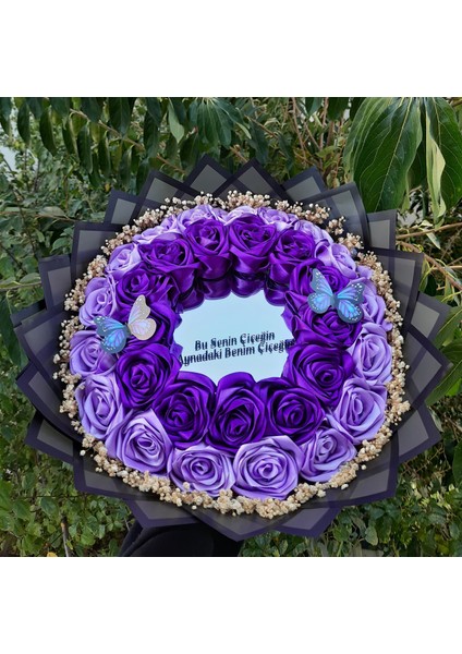 Çift Kat Büyük Boy Aynalı Ledli Cipsolu Yazılı Solmayan Gül Buketi - Mor ve Lila