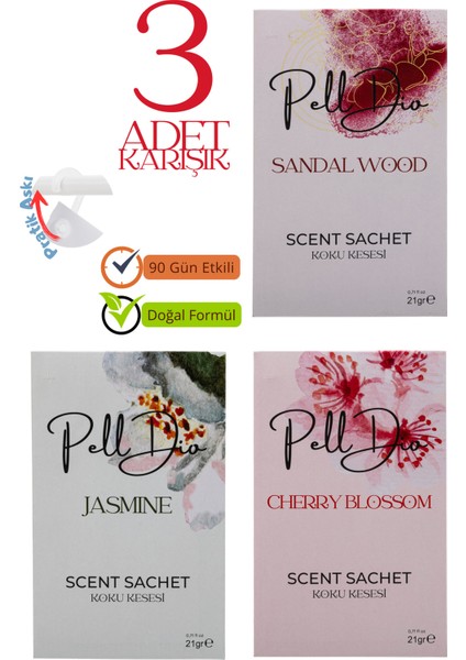 3'lü Sandal Ağacı - Yasemin -Kiraz Çiçeği Dolap Kokusu, Ayakkabılık ve Çekmece Kokusu Kesesi-2