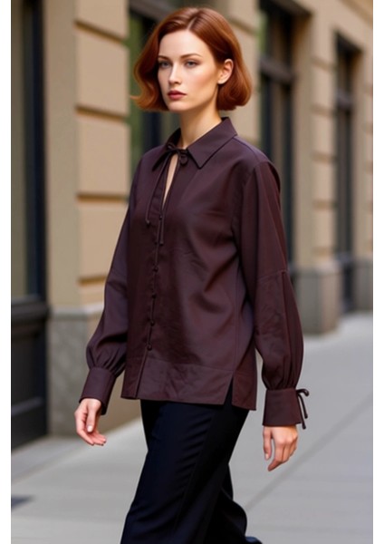 Kadın Koyu Bağlama Detaylı Oversize Gömlek Fonksiyonel Dayanıklı Kaliteli Konforlu Estetik