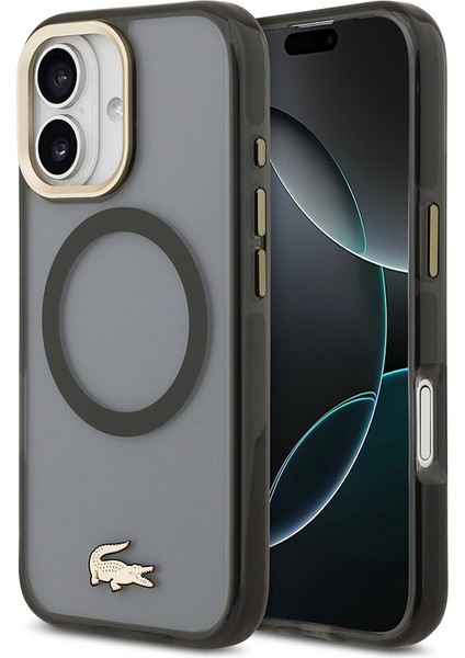 iPhone 17 Kılıf Lacoste Orjinal Lisanslı M-Safe Şarj Özellikli Gold Timsah Logolu Buzlu Kapak Siyah