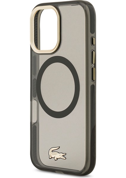 iPhone 17 Kılıf Lacoste Orjinal Lisanslı M-Safe Şarj Özellikli Gold Timsah Logolu Buzlu Kapak Siyah