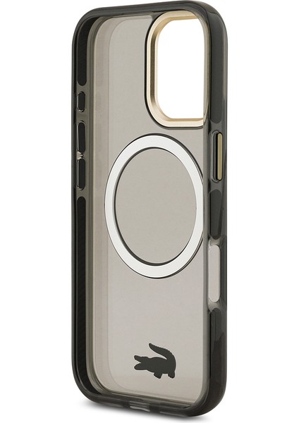 iPhone 17 Kılıf Lacoste Orjinal Lisanslı M-Safe Şarj Özellikli Gold Timsah Logolu Buzlu Kapak Siyah