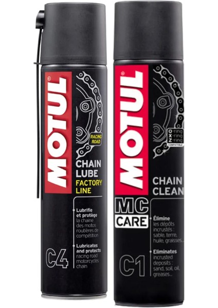 Tüm Zincir Tipleri Için (O-X-Z Ring): Motul C1 Zincir Temizleyici ve C4 Chain Lube Seti