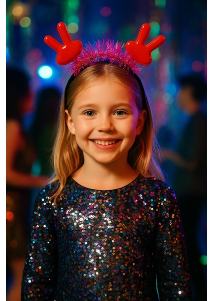 Kpop Kore Style Çocuk Kırmızı El Figürlü Pembe Simli Saç Bandı Yılbaşı Yeni Yıl Parti Tacı Işıltılı