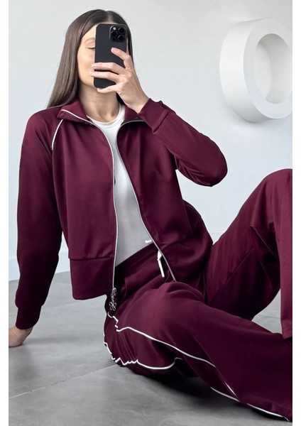 Kadın Şerit Detaylı Fermuarlı Eşofman Takımı P-00019042