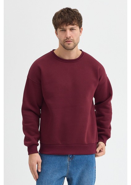 Bordo Bisiklet Yaka Erkek Oversize Sweatshirt Pamuklu Basic 3 Iplik Şardonlu