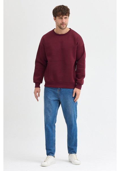 Bordo Bisiklet Yaka Erkek Oversize Sweatshirt Pamuklu Basic 3 Iplik Şardonlu fiyatları
