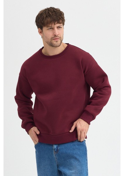 Bordo Bisiklet Yaka Erkek Oversize Sweatshirt Pamuklu Basic 3 Iplik Şardonlu fırsatları
