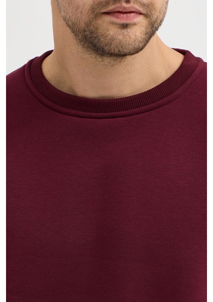 Bordo Bisiklet Yaka Erkek Oversize Sweatshirt Pamuklu Basic 3 Iplik Şardonlu indirimleri