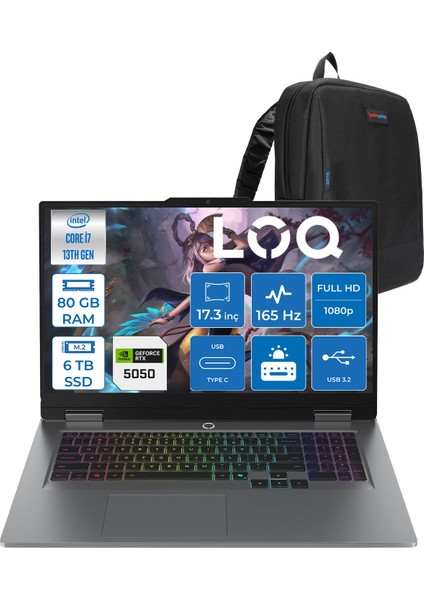 Loq 17IRX10 Intel Core I7 13650HX 80GB Ddr5 6tb SSD RTX5050 8gb 115W Freedos 17.3 Inç Fhd (1920X1080) IPS 300NITS 165HZ 100% Srgb Taşınabilir Bilgisayar W83JH006CTRF41 + Zetta Çanta