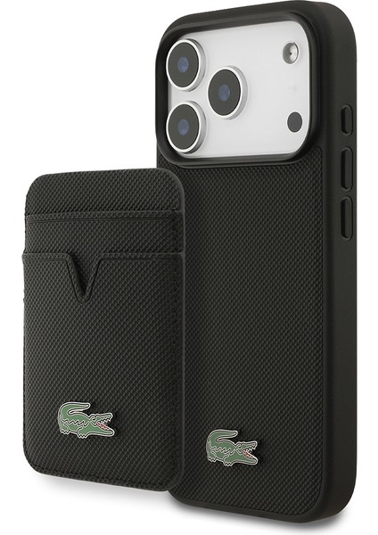 iPhone 17 Pro Kılıf Lacoste Lisanslı M-Safeli Pu Pike Desenli Metal Logolu Kartlıklı Kapak Siyah