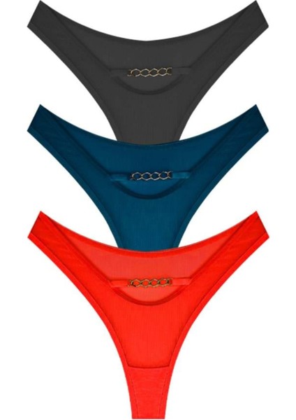 Tüllü Transparan Zincir Detaylı Kadın Brezilya Külot 3'lü Paket-2