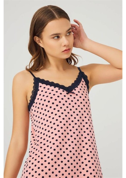 Pembe Lacivert Puantiyeli Ince Askılı Pamuklu Kadın Gecelik modelleri