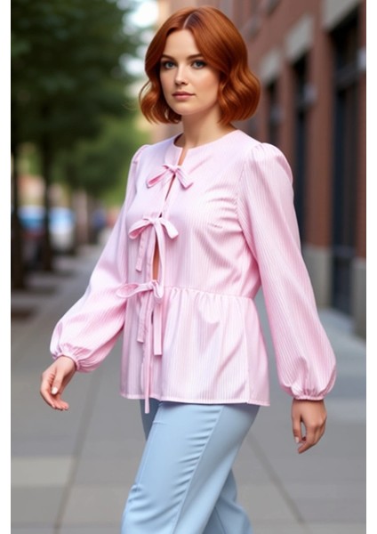 Kadın Çizgili Fiyonklu Dokuma Bluz Fonksiyonel Dayanıklı Kaliteli Konforlu Estetik Premium indirimleri