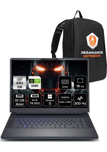 Alienware 18 Area-51 Intel Core Ultra 9 275HX 32GB 4tb+4tb SSD RTX5080/16GB 175W 18" Qhd+ 300Hz W11P Taşınabilir Bilgisayar & Per4 Çanta AA18250U932180WP467
