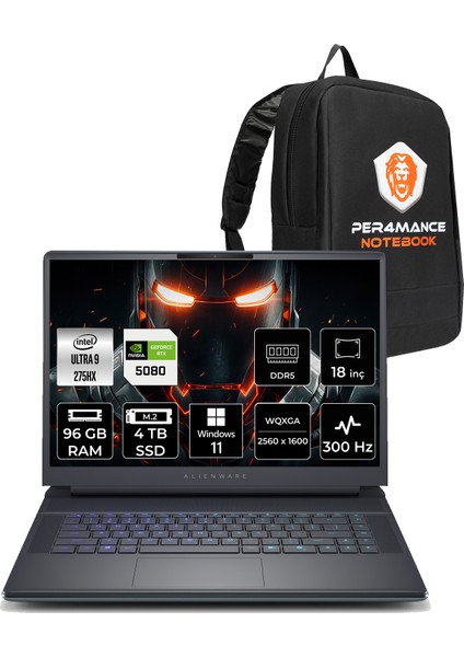 Alienware 18 Area-51 Intel Core Ultra 9 275HX 96GB 4tb SSD RTX5080/16GB 175W 18" Qhd+ 300Hz W11P Taşınabilir Bilgisayar & Per4 Çanta AA18250U932180WP501