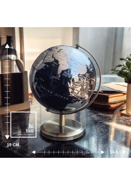 Osmond Siyah Gümüş Detaylı Dünya Küresi, Masaüstü Dekoratif Yerküre, Şık Ofis Hediyesi