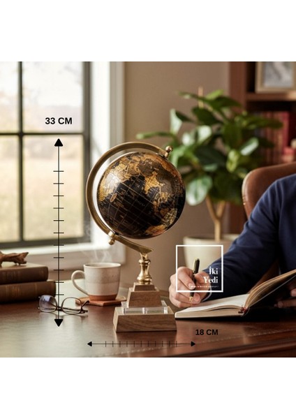Seattle-M Ahşap Kaideli Dünya Küresi Siyah Gold Küre, Ofis Hediyesi, Lüks Dekoratif Obje Masa Üstü
