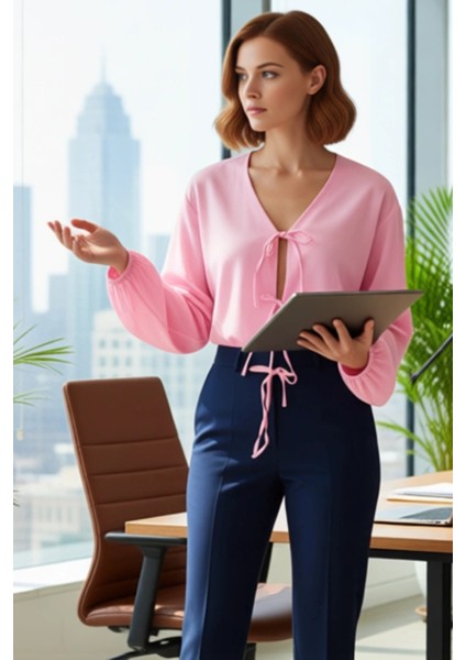 Kareli Bağlamalı Kadın Bluz V Yaka Balon Kol Detaylı Kısa Kesim Dokuma Üst Giyim Günlük Şıklık modelleri