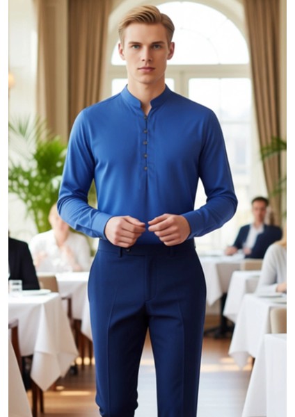 Erkek Slim Fit Hakim Yaka Yarim Patli Uzun Kollu Pamuklu Dokuma Keten Gorunumlu Gomlek Şık fiyatları