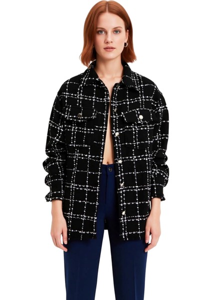 Kadın Tüvit Dokuma Ekose Desenli Çıt Kapamalı Oversize Ceket Gömlek Cepli Stil Fonksiyonel