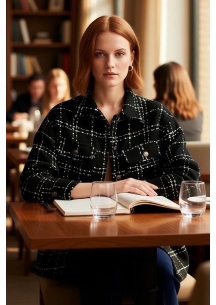 Kadın Tüvit Dokuma Ekose Desenli Çıt Kapamalı Oversize Ceket Gömlek Cepli Stil Fonksiyonel modelleri