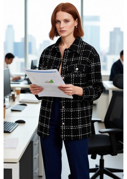 Kadın Tüvit Dokuma Ekose Desenli Çıt Kapamalı Oversize Ceket Gömlek Cepli Stil Fonksiyonel fırsatları