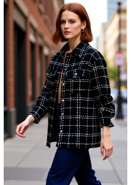 Kadın Tüvit Dokuma Ekose Desenli Çıt Kapamalı Oversize Ceket Gömlek Cepli Stil Fonksiyonel indirimleri