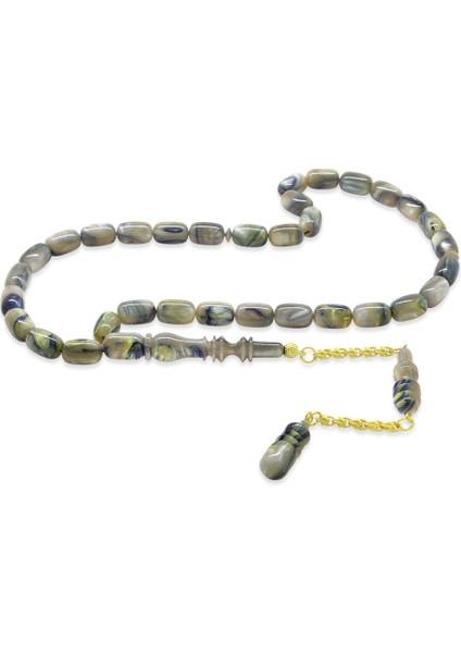 Altın Renk 925 Ayar Gümüş Püsküllü Imamesı Usta Işçilikli Kapsül Kesim Mavi Bej Katalin Tesbih